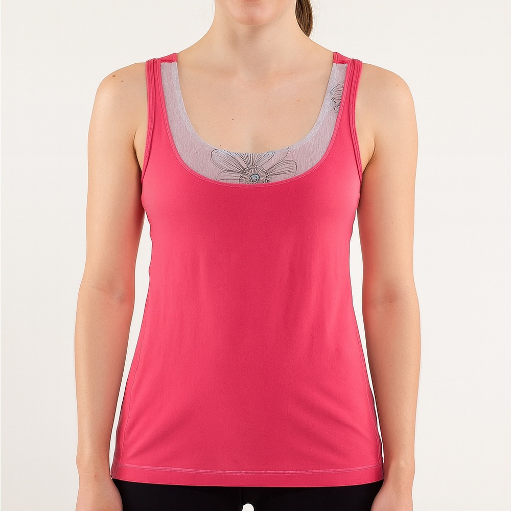 (A53) Lululemon Pink tank top with floral mesh‎ sheer accent, Size 8